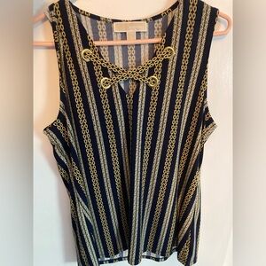 Michael Kors Blue and Gold Tie Front Tank Top